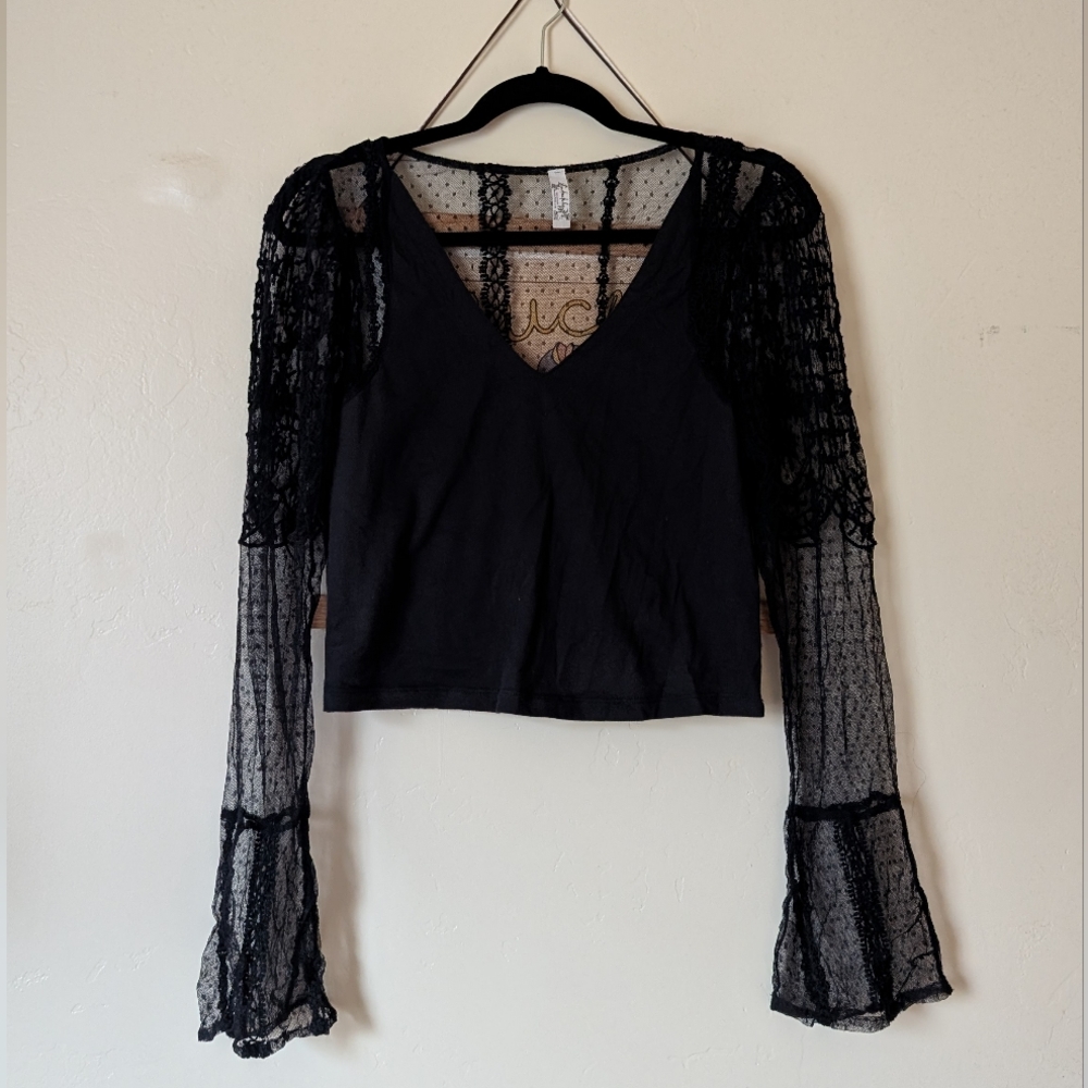 Free People Black Ruffled Crop Blouse
